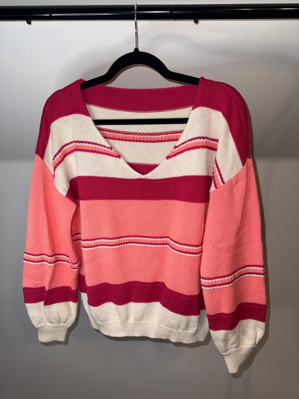 Striped V-Neck Sweater in Pink and Cream